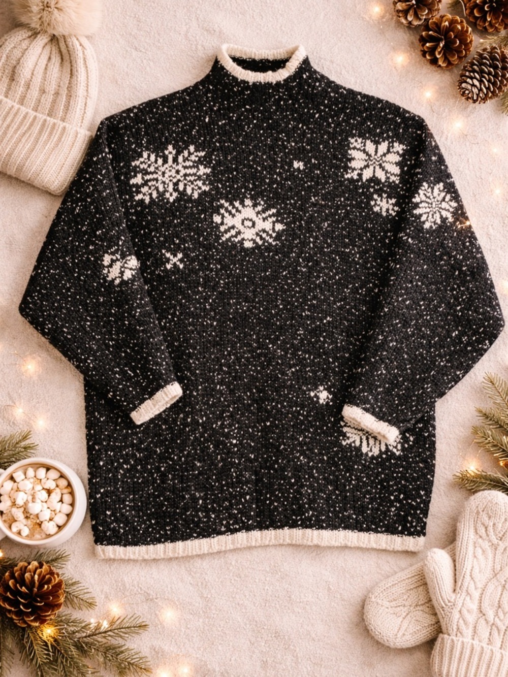 Vintage Black White Snowflake Sweater Knit Cozy Winter Nordic Fair Isle Medium